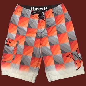 Hurley Large Checkered Swim Trunks Sunset Orange Black
